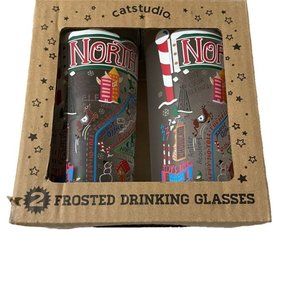 New Catstudio North pole Frosted Christmas Holiday glasses 15oz